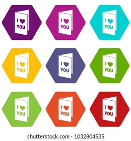 Happy Valentines day or weeding card icon set many color hexahedron isolated on white vector illustration