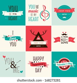 Happy valentines day and weeding cards. Vector illustration. Typographical Background With Ornaments, Hearts, Ribbon and Arrow.