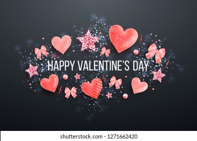 Happy valentines day and weeding design elements with sparkles. Vector illustration. Black Background With Ornaments, Hearts. Doodles and curls. Be my Valentine.