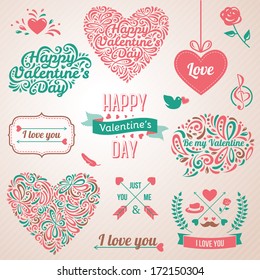 Happy Valentines Day And Weeding Design Elements. Vector Illustration. Typographical Background With Ornaments, Hearts, Ribbon And Arrow. Doodles And Curls.
