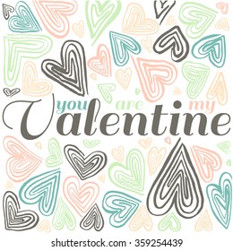 Happy valentines day and weeding design elements. Vector illustration invitation, menu, flyer, template. Gray Background With Ornaments, Hearts. Doodles and curls. Be my Valentine. Love.