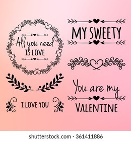 Happy valentines day and weeding design elements. Vector illustration invitation, menu, flyer, template. Pink, red Background With Ornaments, Hearts. Doodles and curls. Be my Valentine. Love.