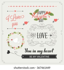 Happy valentines day and weeding design elements. Vintage labels and ribbon retro style set. Vector elements.