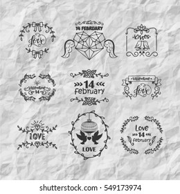 Happy valentines day and weeding design elements. Vintage labels and ribbon retro style set. Vector elements.