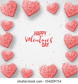 Happy valentines day and weeding design elements. Vector illustration. Pink Background With Ornaments, confetti, lettering, Hearts. Doodles and curls. Be my Valentine.