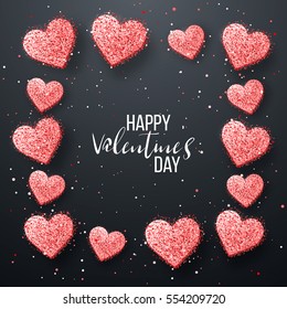 Happy valentines day and weeding design elements. Vector illustration. Pink Background With Ornaments, confetti, lettering, Hearts. Doodles and curls. Be my Valentine.