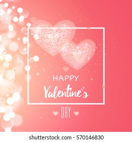 Happy valentines day and weeding design elements. Vector illustration. Light Pink bokeh Background With, Hearts. Greeting card 14 february.