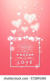 Happy valentines day and weeding design elements. Vector illustration. Light Pink bokeh Background With Hearts. Love forever and ever