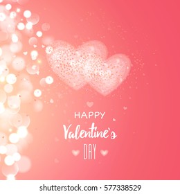 Happy valentines day and weeding design elements. Vector illustration. Light Pink bokeh Background With, Hearts. Greeting card 14 february.