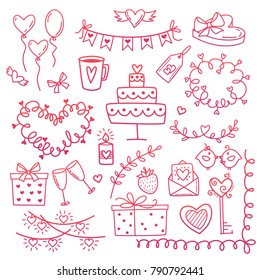 Happy valentines day and weeding design elements. Hand drawn style vector illustration.
