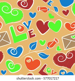 Happy Valentines day and weeding vector seamless pattern. Be my Valentine stylized sketch with flower, letter, hearts in orange, red and beige colors. Seamless doodles and curls.