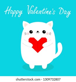 Happy Valentines Day. White baby cat kitten head face holding red origami paper heart. Cute cartoon kawaii funny kitty animal character. Flat design. Love card. Blue background. Isolated. Vector