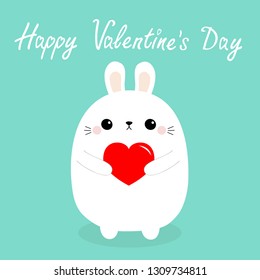 Happy Valentines Day. White baby rabbit hare puppy head face holding red heart. Cute cartoon kawaii funny animal character. Love card. Flat design. Isolated. Blue background. Vector illustration