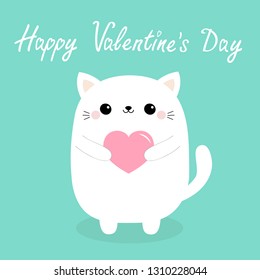 Happy Valentines Day. White baby cat kitten head face holding pink heart. Cute cartoon kawaii funny kitty animal character. Flat design. Love card. Blue background. Isolated. Vector