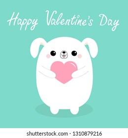Happy Valentines Day. White baby dog puppy head face holding pink heart. Cute cartoon kawaii funny animal character. Love card. Flat design. Isolated. Blue background. Vector illustration