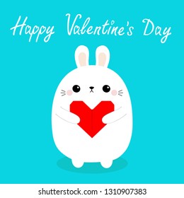 Happy Valentines Day. White baby rabbit hare puppy head face holding red origami paper heart. Cute cartoon kawaii funny animal character. Love card. Flat design. Isolated. Blue background. Vector