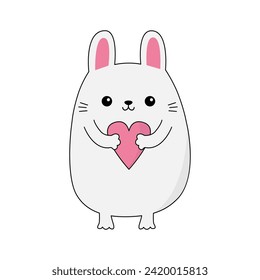 Happy Valentines Day. White baby rabbit hare head face holding pink heart. Cute cartoon kawaii funny character. Line doodle contour animal. Love card. Flat design. Isolated. White background. Vector