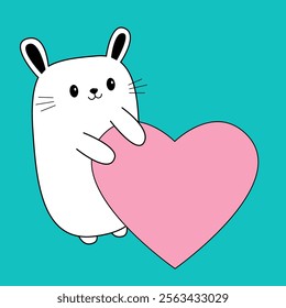 Happy Valentines Day. White baby rabbit hare head face holding pink heart. Cute cartoon kawaii funny character. Line hand drawn doodle contour animal. Love card. Flat design. Blue background. Vector