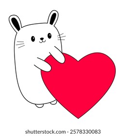 Happy Valentines Day. White baby rabbit hare head face holding red heart. Cute cartoon kawaii funny character. Line hand drawn doodle contour animal. Love card. Flat design. White background. Vector