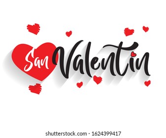 Happy Valentines Day. White background of the Spanish greeting card. Beautiful poster with calligraphy and hearts