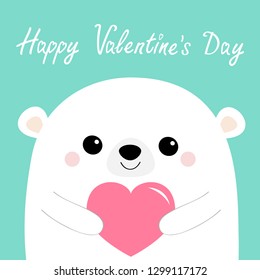 Happy Valentines Day. White bear head face holding pink heart. Love card. Cute cartoon kawaii funny baby animal character. Flat design. Blue background. Isolated. Vector illustration