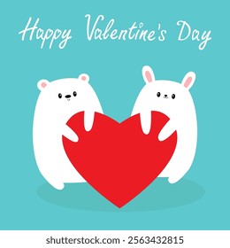 Happy Valentines Day. White Bear bunny rabbit holding big red heart. Kawaii head face. Cute cartoon funny animal character. Love card. Childish style. Flat design. Isolated. Blue background. Vector