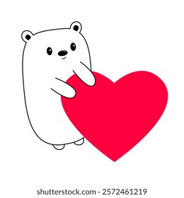 Happy Valentines Day. White bear holding red heart. Kawaii face. Cute cartoon funny character. Line hand drawn doodle contour animal. Love card. Childish style. Flat design. Blue background. Vector