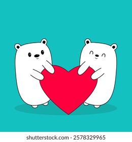 Happy Valentines Day. White bear set holding red heart. Kawaii face. Cute cartoon funny character. Line hand drawn doodle contour animal. Love card. Childish style. Flat design. Blue background Vector