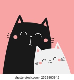 Happy Valentines Day. White and black cat set. Kawaii animal in love. Love couple hugging kittens. Cute cartoon funny kitty character. Greeting card. Flat design. Pink background. Vector illustration