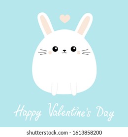 Happy Valentines Day. White bunny rabbit icon. Funny head face. Cute kawaii cartoon round character. Pink heart. Baby greeting card template. Blue background. Flat design. Vector illustration