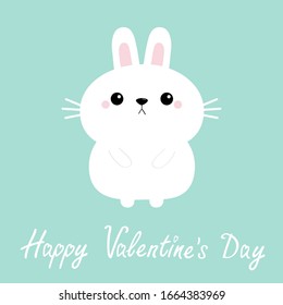 Happy Valentines Day. White bunny rabbit hare icon. Funny head face. Cute kawaii cartoon round character. Pink cheeks. Baby greeting card template. Blue background. Isolated. Flat design. Vector