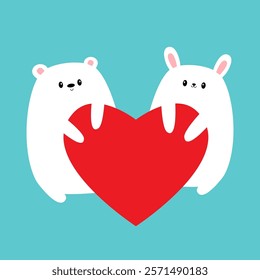 Happy Valentines Day. White bunny rabbit Bear holding big red heart. Kawaii head face. Cute cartoon funny animal character. Love card. Childish style. Flat design. Isolated. Blue background. Vector