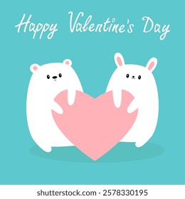 Happy Valentines Day. White bunny rabbit Bear holding big pink heart. Kawaii head face. Cute cartoon funny animal character. Love card. Childish style. Flat design. Isolated. Blue background. Vector