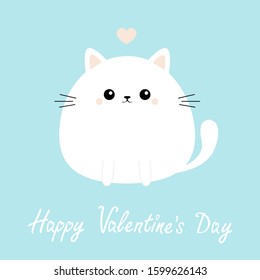 Happy Valentines Day. White cat kitten kitty icon. Funny head face. Cute kawaii cartoon round character. Pink heart. Baby greeting card template. Blue background. Flat design. Vector illustration