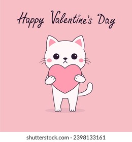 Happy Valentines Day. White cat kitten kitty holding pink heart. Funny head face. Contour line doodle. Cute cartoon kawaii animal character. Flat design. Love card. Pink background. Isolated. Vector