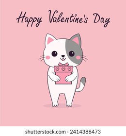 Happy Valentines Day. White cat kitten kitty holding heart gift box. Funny head face. Contour line doodle. Cute cartoon kawaii animal character. Flat design. Love card. Pink background Isolated Vector