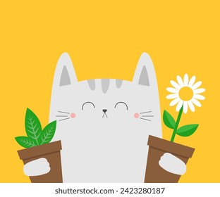Happy Valentines Day. White cat kitten kitty holding daisy chamomile, green leaves plant. Camomile bouquet. Flower pot. Cute cartoon kawaii funny animal. Love card Flat design Yellow background Vector
