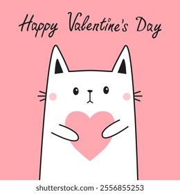 Happy Valentines Day. White cat kitten kitty holding pink heart. Hand drawn contour line doodle. Funny head face. . Cute cartoon kawaii animal character. Flat design. Love card Pink background Vector