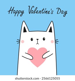 Happy Valentines Day. White cat kitten kitty holding pink heart. Cute cartoon kawaii animal character. Hand drawn contour line doodle. Funny head face. Flat design. Love card. Blue background. Vector