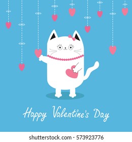 Happy Valentines Day. White cat Hanging pink hearts. Dash line. Heart set Cute cartoon character. Kawaii animal. Love Greeting card. 