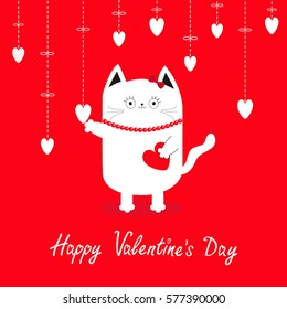 Happy Valentines Day. White cat Hanging white hearts. Dash line. Heart set Cute cartoon character. Kawaii animal. Love Greeting card. Flat design style. Red background. Isolated Vector