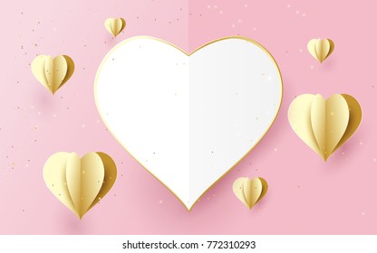 Happy Valentines Day. White And Gold Heart Shape On Soft Pink Background. Paper Art And Craft Style