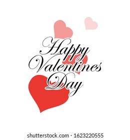 Happy Valentines day white greeting card with calligraphy hand written text. Red heart shape vector icons.