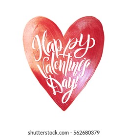 Happy Valentines Day. White Hand Lettering. Vector Pink Foil Heart Background Greeting Card.