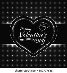 Happy Valentines day white lights card, heart and text lights design on dark background