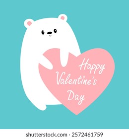 Happy Valentines Day. White polar bear holding big pink heart. Kawaii head face. Cute cartoon funny animal character. Love card. Childish style. Flat design. Isolated. Blue background. Vector