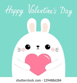 Happy Valentines Day. White rabbit hare puppy head face holding pink paper heart. Cute cartoon kawaii funny baby animal character. Flat design. Love card. Blue background. Isolated. Vector