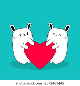 Happy Valentines Day. White rabbit hare set holding red heart. Cute cartoon funny character. Kawaii head face. Line hand drawn doodle contour animal. Love card. Flat design Blue background. Vector