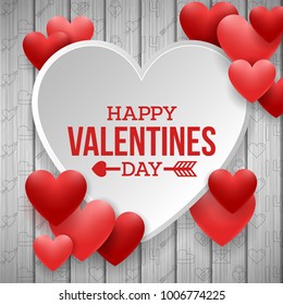 Happy valentines day with white and red heart on wood background