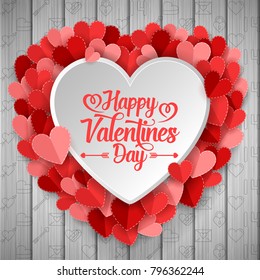 Happy valentines day with white and red heart on wood background